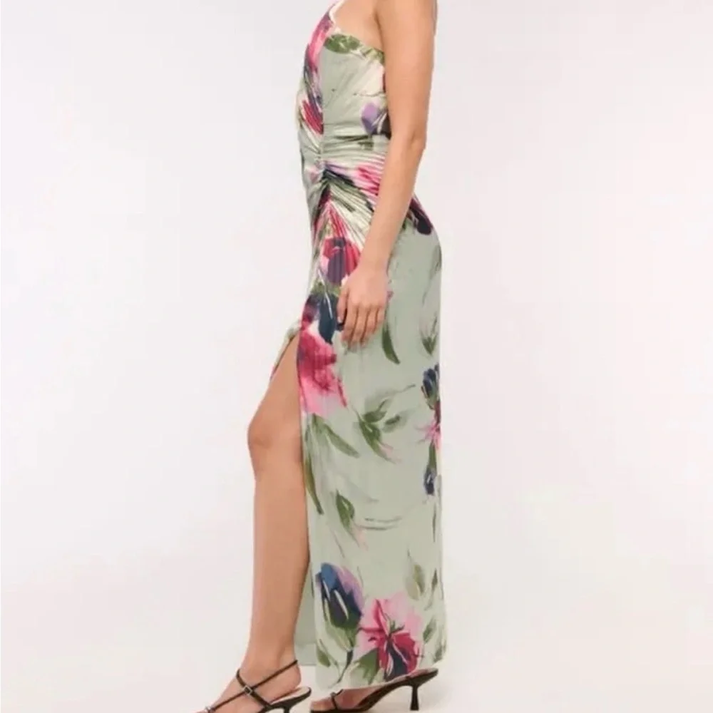 Abercrombie & Fitch “Giselle” Dress Green Floral Pleated One Shoulder Satin